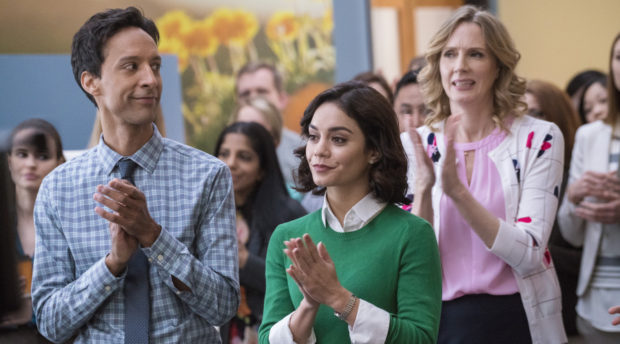 POWERLESS -- Pilot -- Pictured: (l-r) Danny Pudi as Teddy, Vanessa Hudgens as Emily, Christina Kirk as Jackie -- (Photo by: Chris Large/NBC)